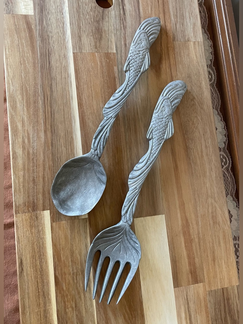 Vintage Pewter Koi Fish Salad Serving Utensils
